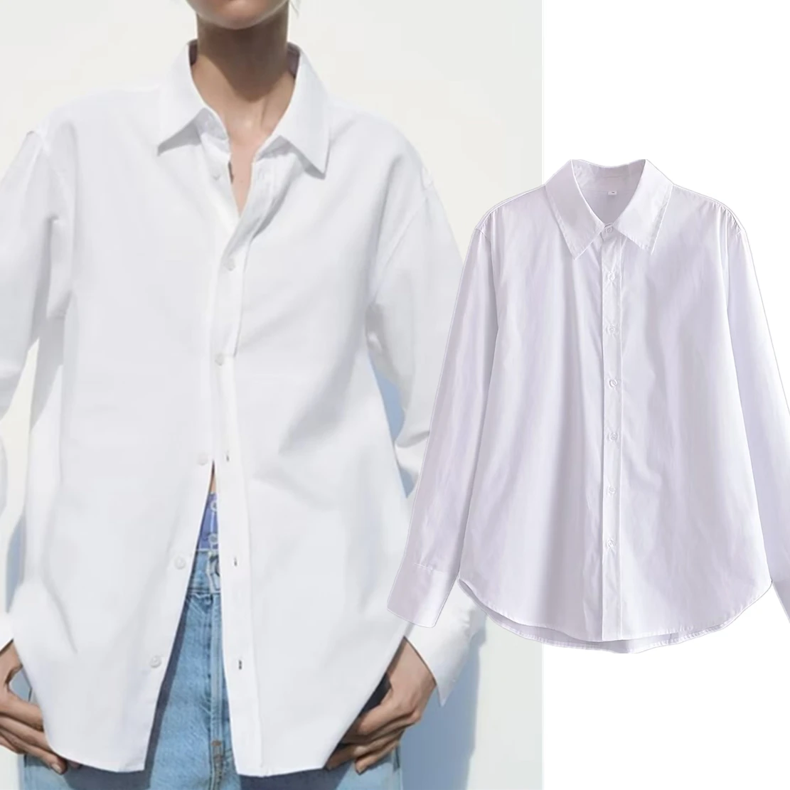 Jenny&Dave England Style Fashion SImple Basic Blouse Women  Shirt White Color Poplin Cotton Loose Long Sleeve Casual Tops