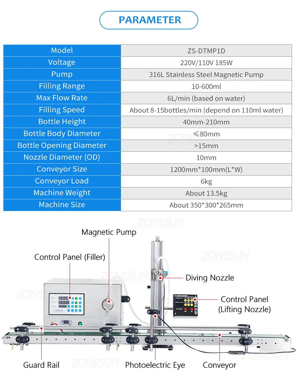 ZONESUN ZS-DTMP1D Single Diving Nozzle Magnetic Pump Liquid Filling Machine With Conveyor