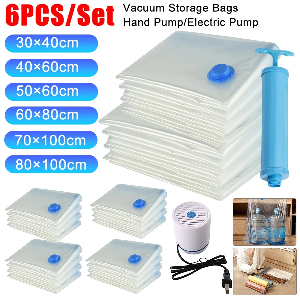 6PCS Vacuum Bag With Valve Pump for Clothes Storing Large