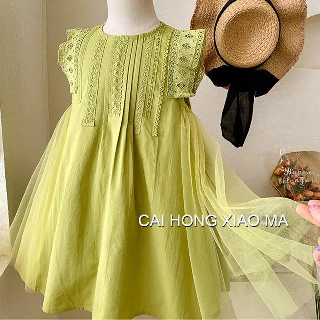 Robe d'été princesse pour filles, sans manches, en dentelle et maille, pour enfants de 2 à 8 ans, vêtements cadeau d'anniversaire, nouvelle collection 1