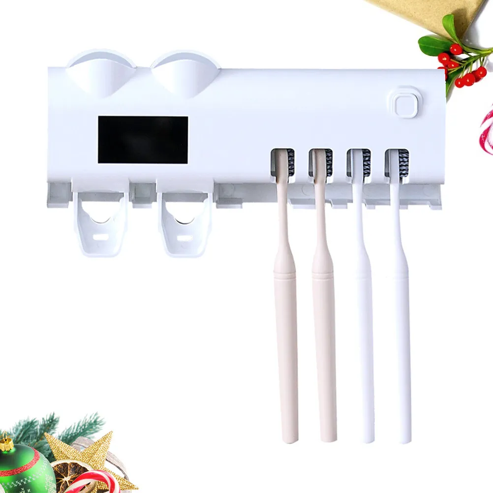 4개 칫솔 홀더 UV 살균 자동 치약 디스펜서 펀치 프리 벽걸이 욕실 정리함