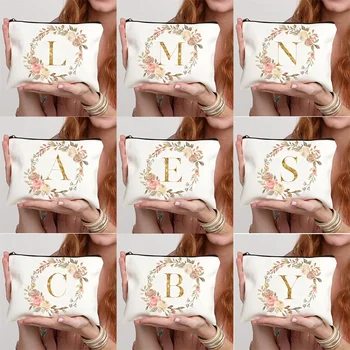 Floral Hoop Initial Zipper Makeup Pouch Travel Essentials Wedding Makeup Storage Organizer Bachelorette Party Gift Bag for Girls