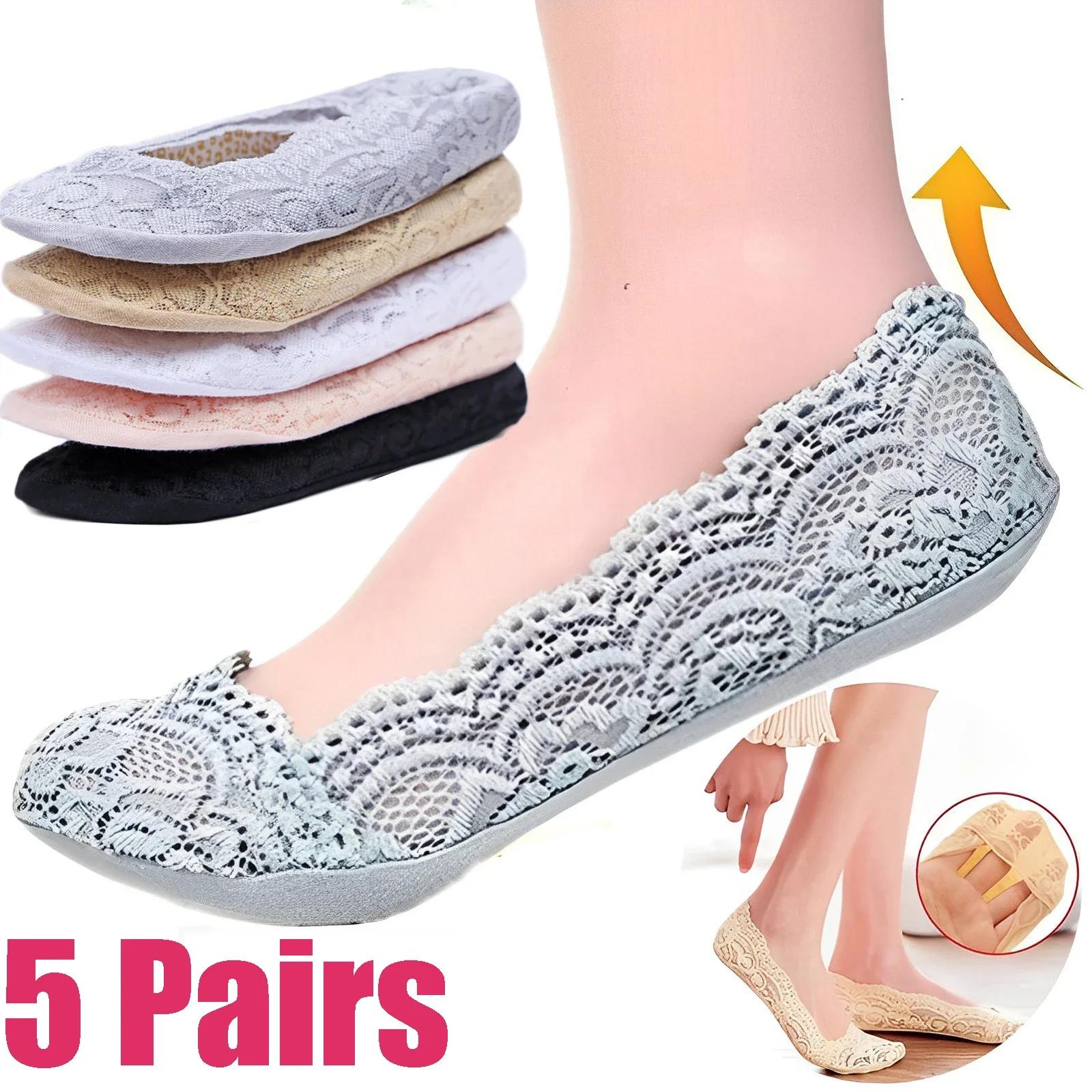 Spring Summer Women Boat Socks Slippers Fashion Sexy Lace Invisible Sock Cotton Hollow Silicone Non-slip Breathable Thin Socks