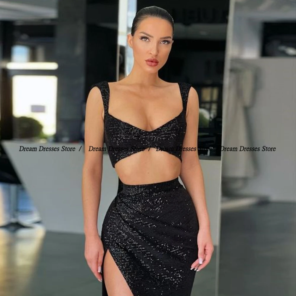 Evening Dresses Asymmetrical Spaghetti Strap Black Glitter Strapless Prom Gowns Summer Sleeveless