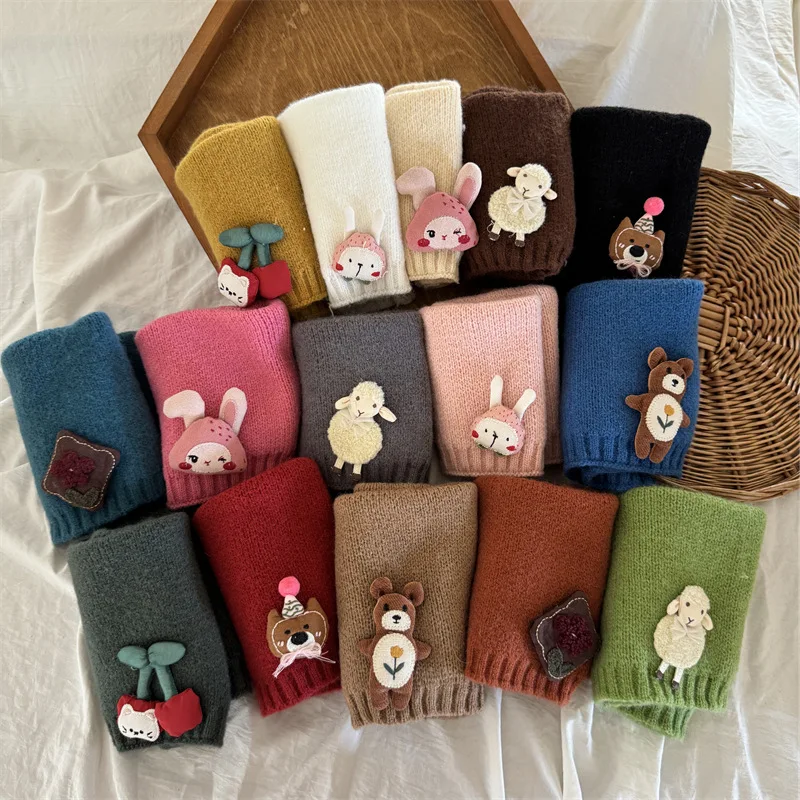 3-8Y Children's Scarf Neck Cover Windproof Mask Autumn and Winter Solid Color Cartoon Baby Knitted Bibs Scarves Boys and Girls