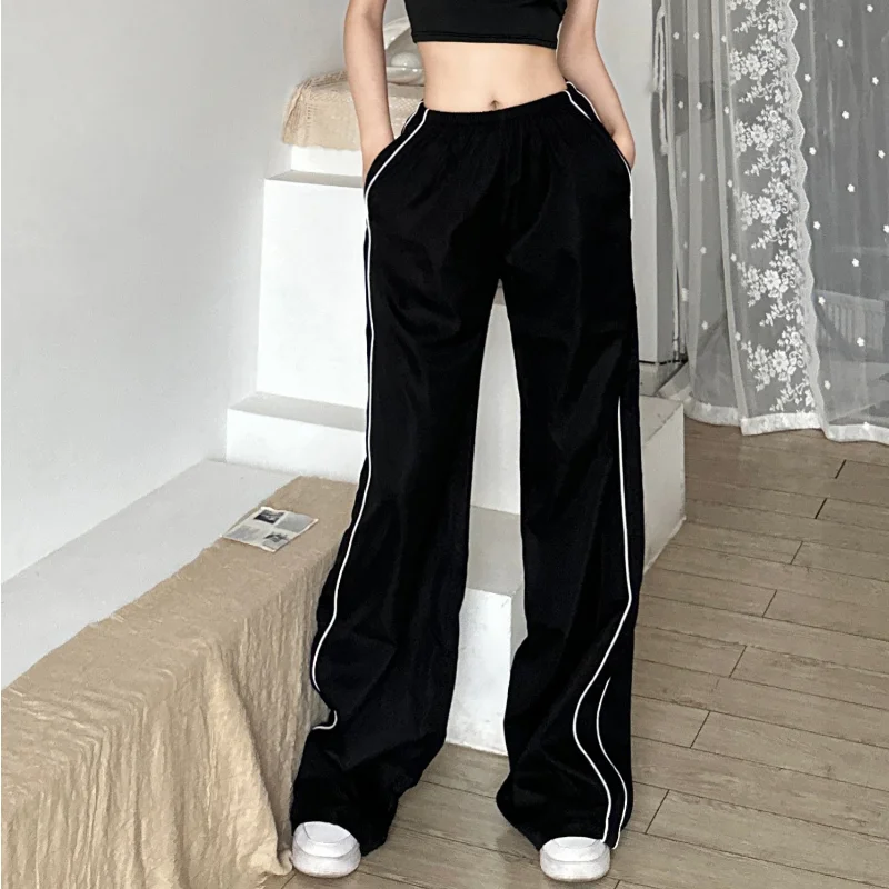 

Black Baggy Wide Leg Pants Women Spring Summer Fashion Side Striped Design Straight Trousers Female Casual Drawstring Sweatpants