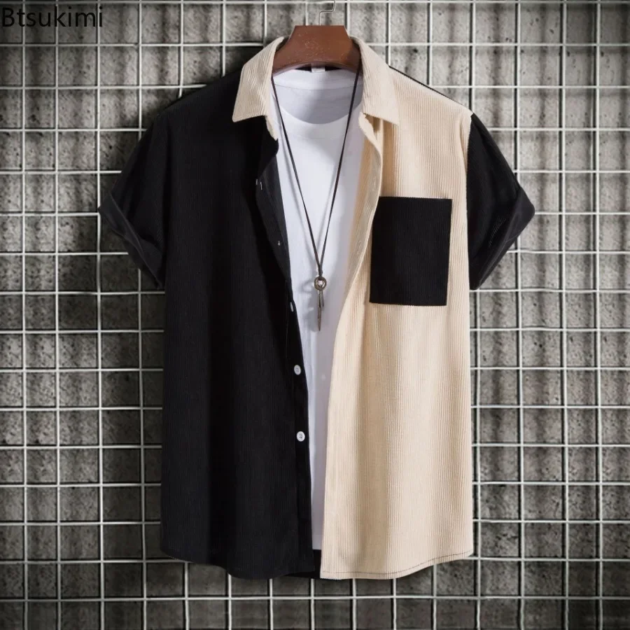 New Men's Corduroy Short Sleeve Shirts Fashion Patchwork Lapel Striped Shirts Coats Men Casual Loose Colorblock Tops Blouse
