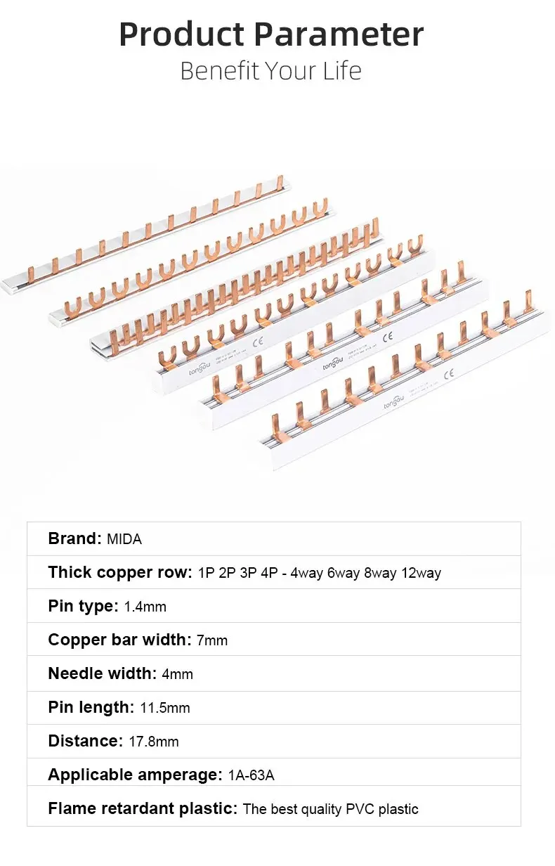 Description Picture 6 of itemPIN TYPE Fork Type Copper Busbar for Distribution Box Circuit Breaker MCB 63A Connector Busbar Connection