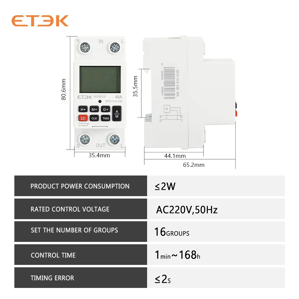 ETEK  220V Din Rail Weekly Days Hour Programmable Intelligent relay 40A 2p with Battery 7 Days Countdown Timer EKTS316 4