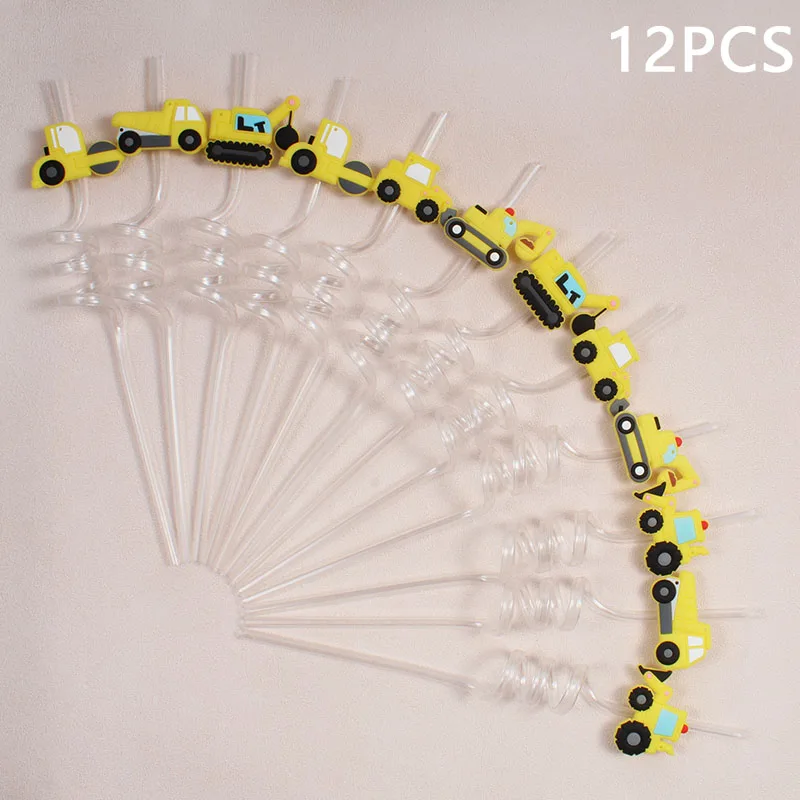 Deluxe Construction Vehicle-Themed Reusable Straw Set - Perfect for Parties & Gatherings, 12-Piece Collection