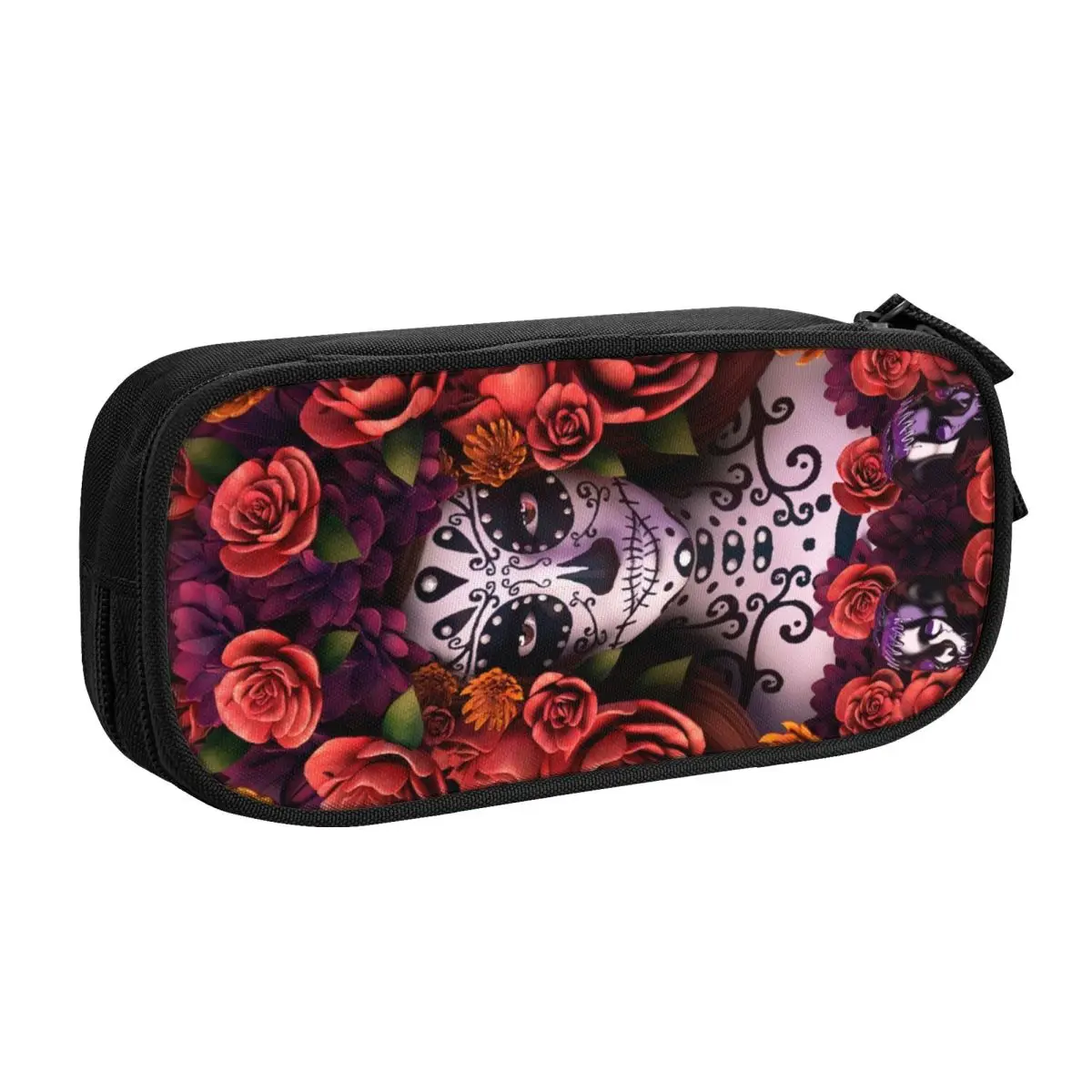 사용자 정의 할로윈 Catrina 설탕 두개골 Kawaii 연필 케이스 대용량 죽은 멕시코 레이디 연필 상자 학생 편지지의 날