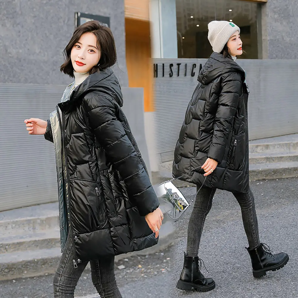 

New Winter Thicken Women's Puffer Coat Glossy Warm Hooded Long Cotton Padded Jacket Ladies Winter Down Cotton Parkas