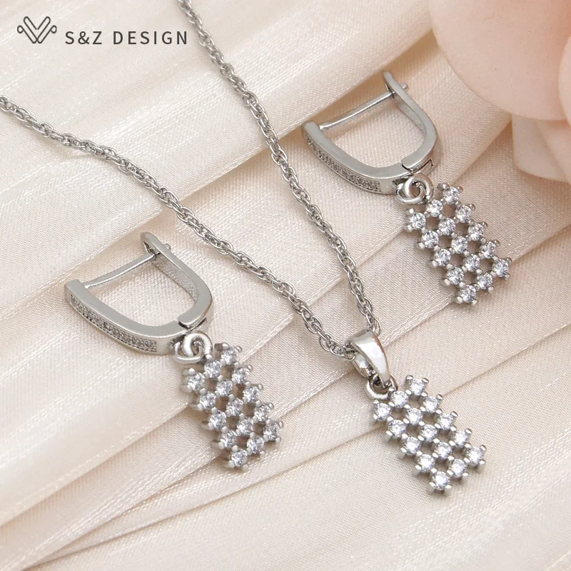 S&Z DESIGN New Fashion Rectangle Cute Round Cubic Zirconia Dangle Earrings Jewelry Sets For Women 585 Rose Gold Color Necklace