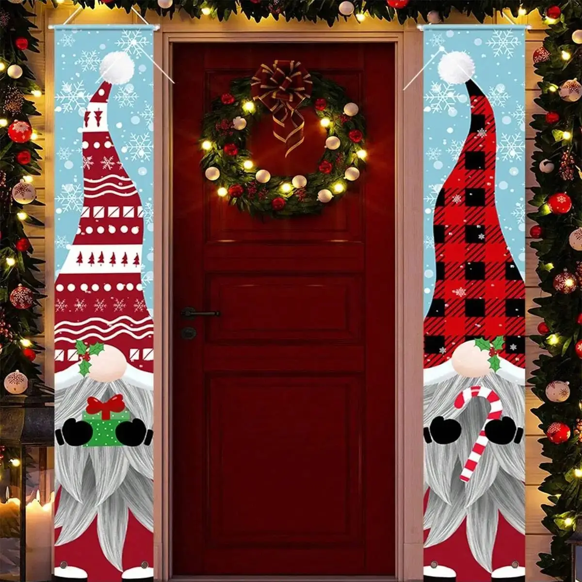 2pcs -1 pair of Christmas couplets, Santa Claus snowflake style hanging cloth, festive atmosphere decoration hanging flag
