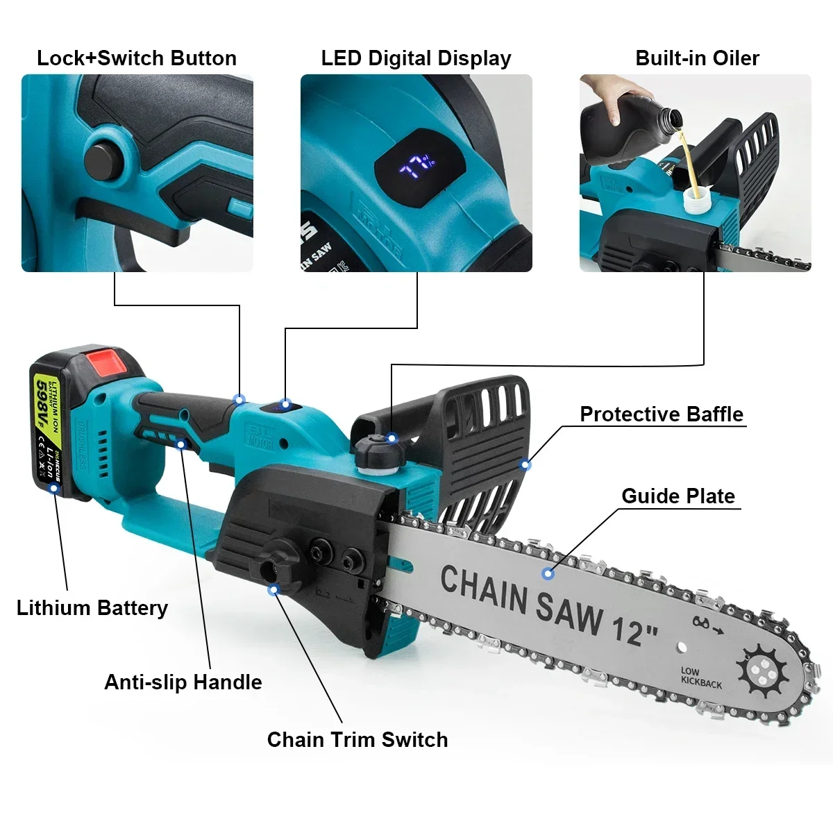 12 Inch Chain Saw Brushless Electric Saw With Oiler Logging Chainsaw Wood Cutting Graden Pruning Tools for Makita 18V Battery mini chainsaw,electric chainsaw,electric saw,mini electric saw