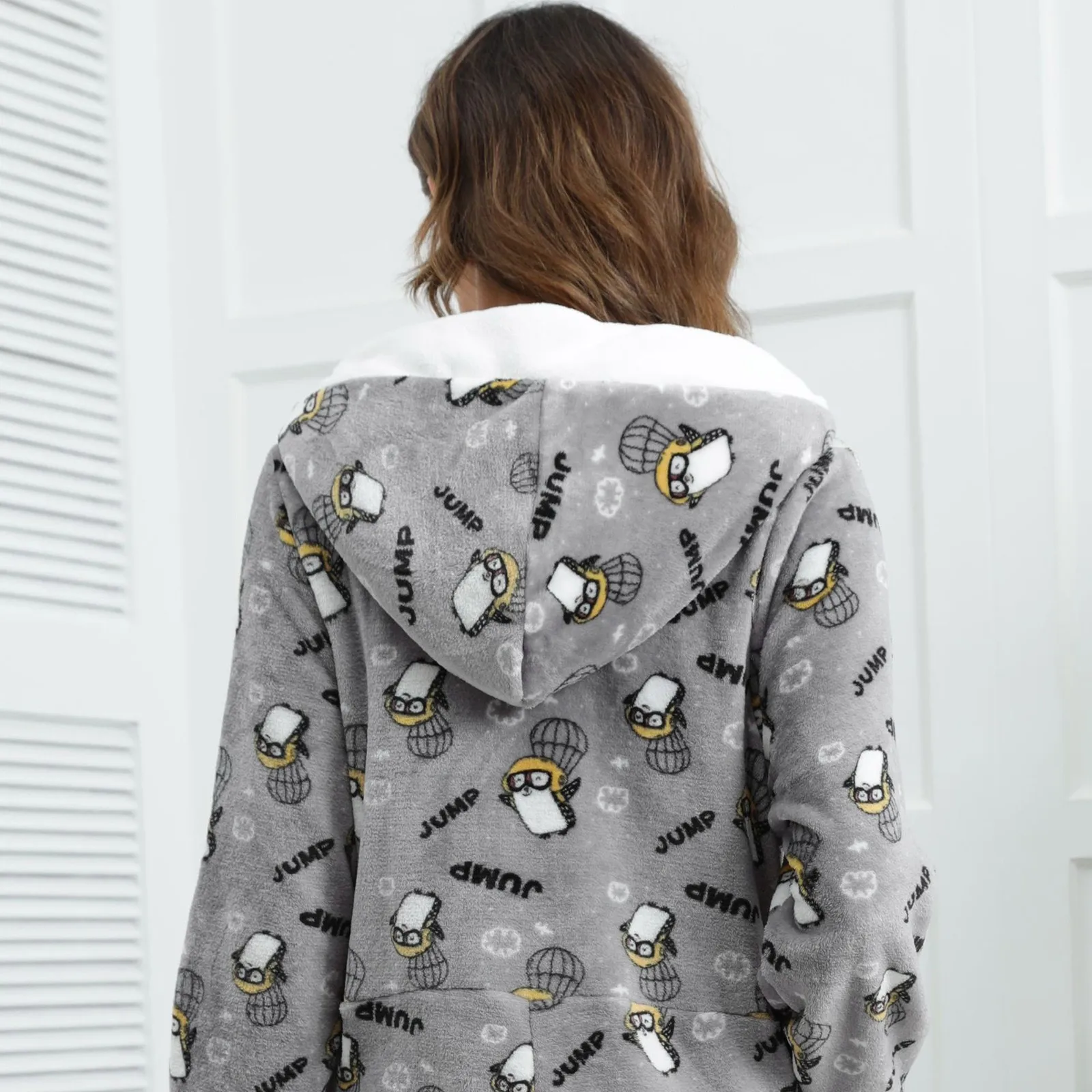 Women's Fleece Pajamas Printing Sleepwear Pajamas Hooded Jumpsuit Rompers Clubwear Nightwear Plush Turtle Neck Long Sleeves