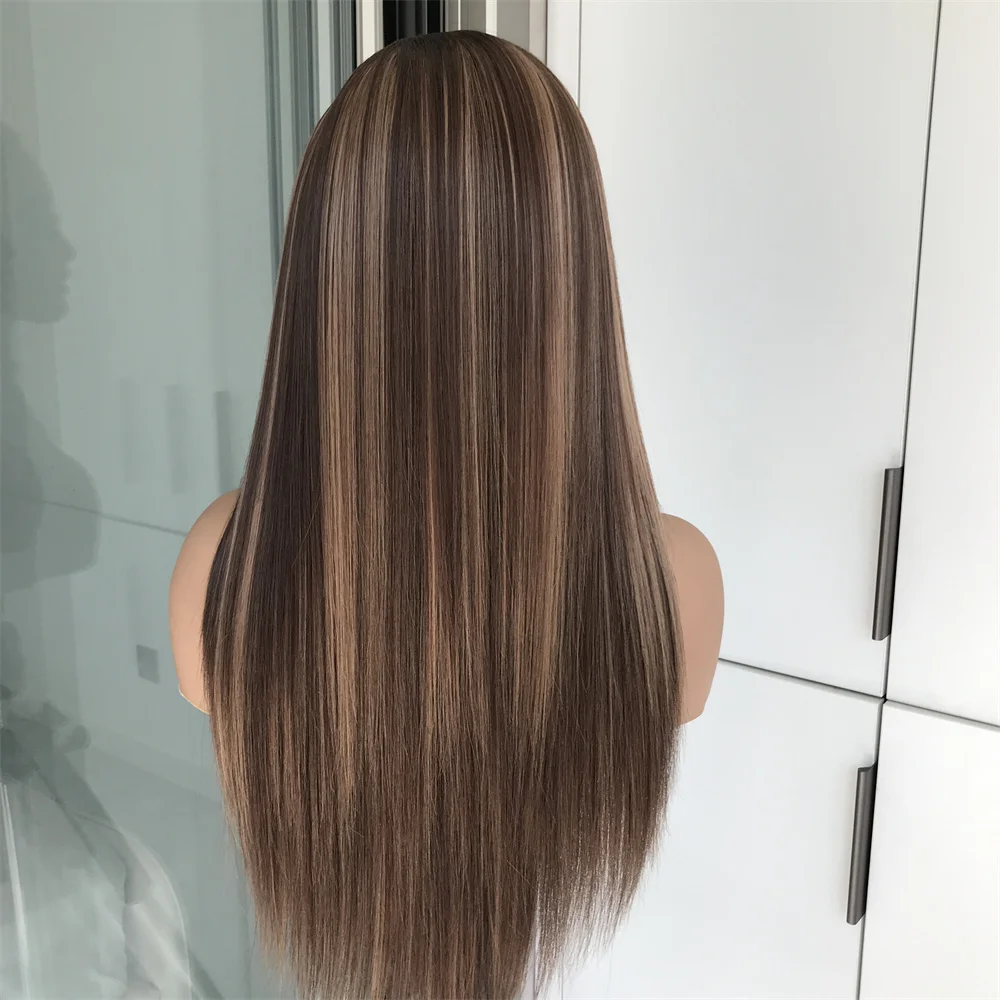 Brown Mix Blonde Highlight Long Straight Wear and Go Glueless Synthetic Lace Wigs Side Part 22inch Daily Use