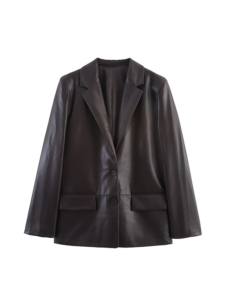 Autumn New Women Casual Faux Leather Blazer Jacket Solid Color Long Sleeve Single Breasted PU Jackets Luxury Fashion Loose