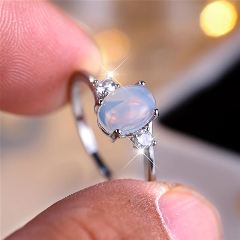 Boho Female Oval Opal Stone Engagement Ring Vintage Silver Color Summer Wedding Jewelry For Women