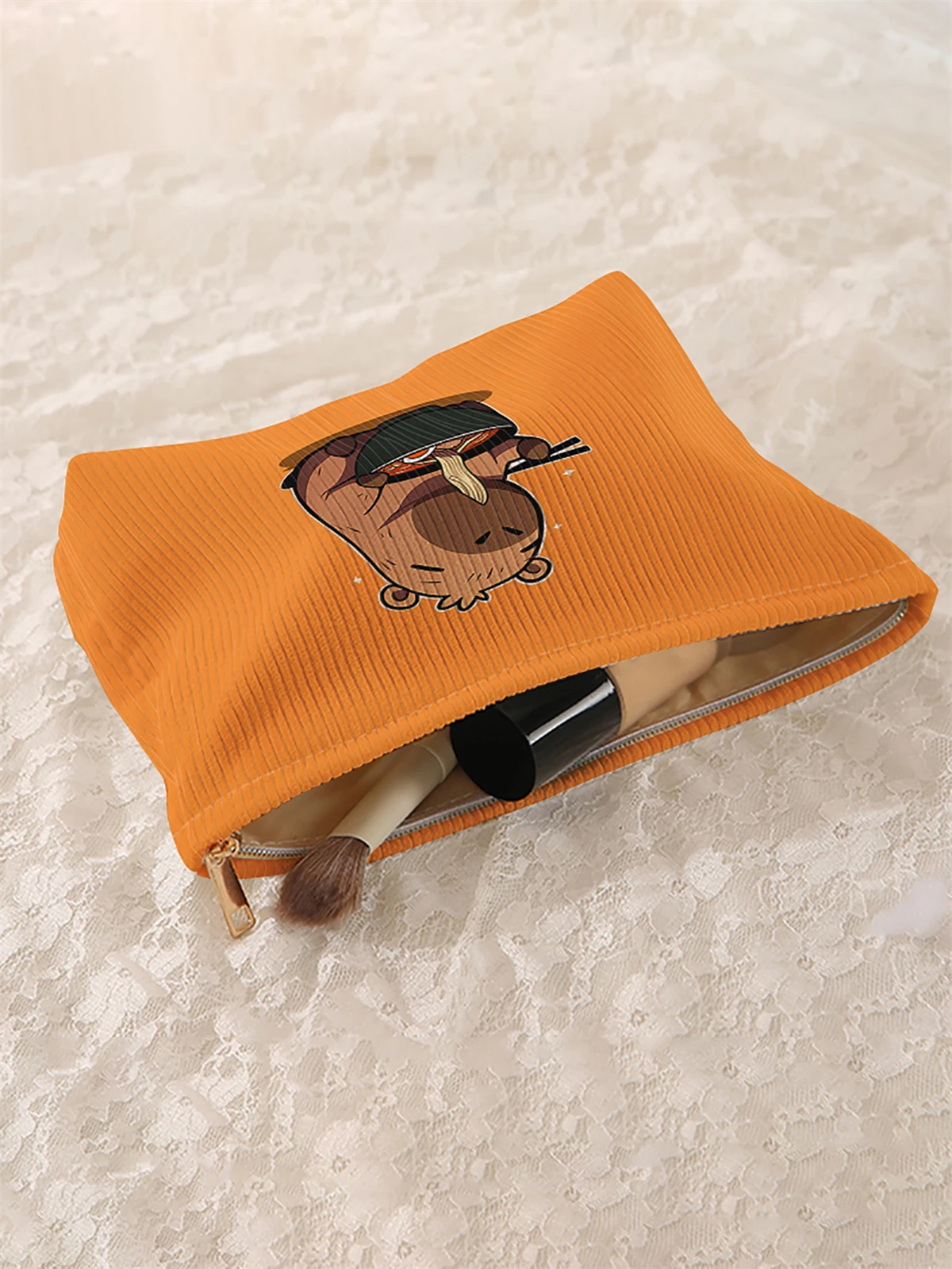 1 corduroy makeup bag with dolphin pattern, light zipper makeup storage box, multifunctional bag with lining