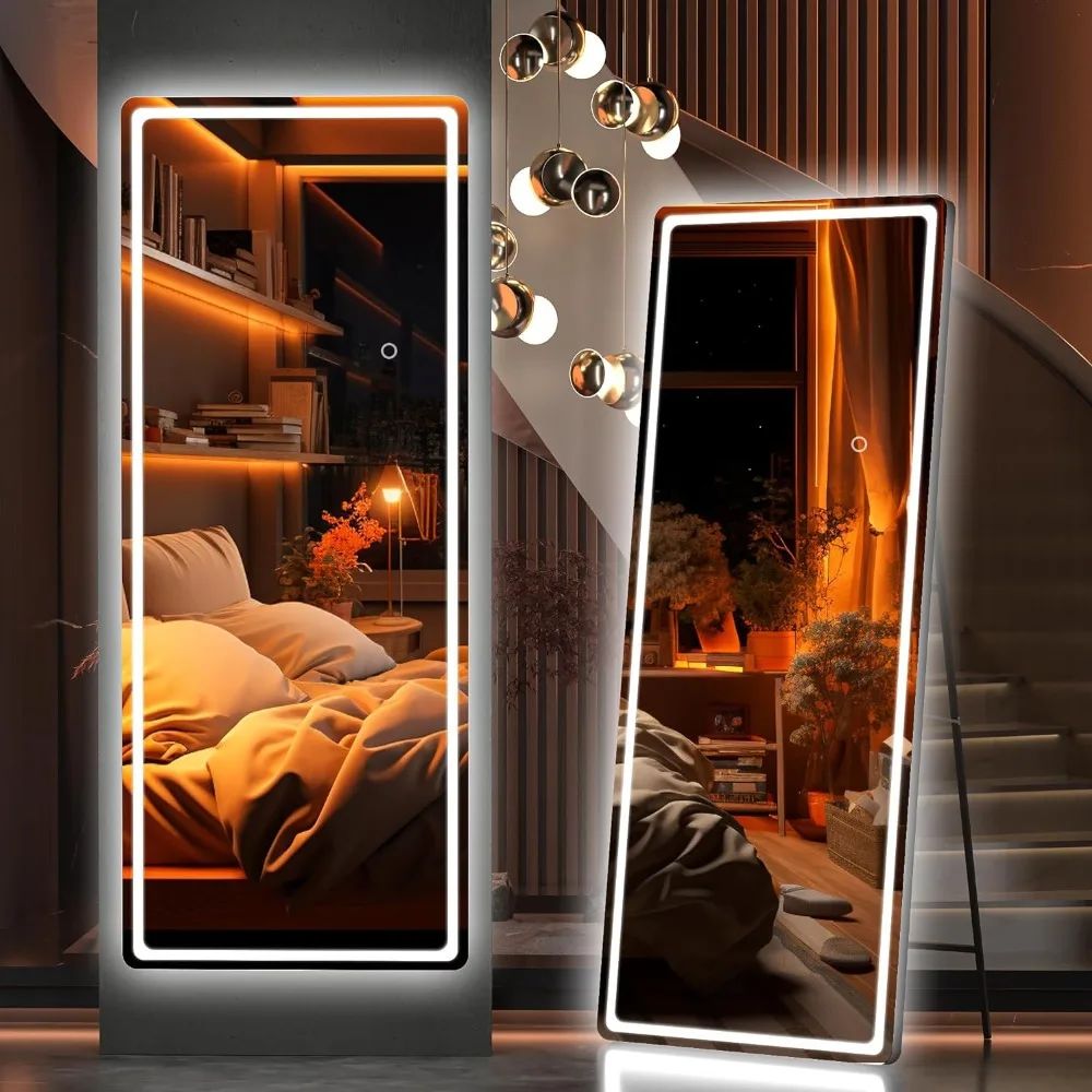 

1pc Full Length Mirror With Lights, 56" X 20" Lighted Floor Standing LED Mirror, Full Body Mirror With Dimming & 3 Color Lightin
