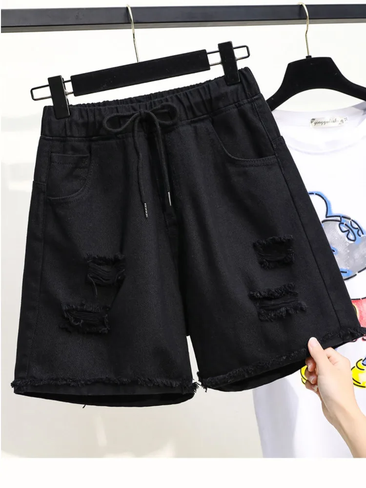 XL-5XL Oversize Stretch Denim Wide Leg Shorts Women Summer Drawstring High Waist Cuffs Short Pants Ripped Frayed Hole Large Size
