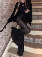 Femmes Haute Taille Transparent pantalon avec strass Été Fishnet Large Jambe Pantalons Shiny Mesh Flared Pants 4
