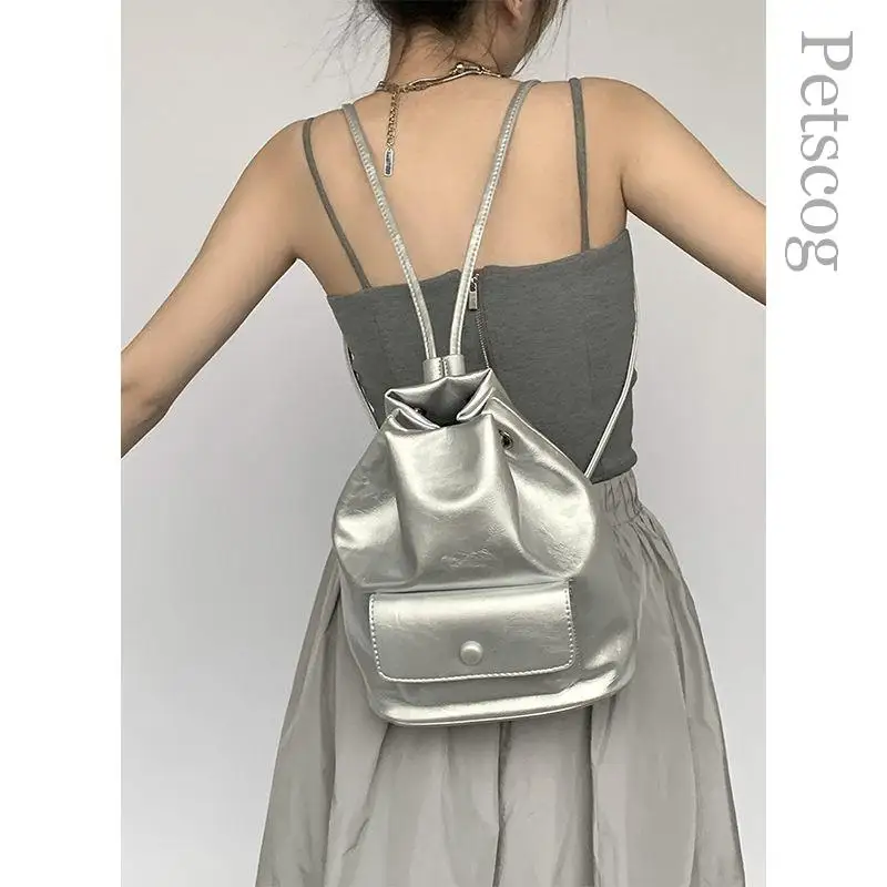 

Роскошные Дизайнерские Серебристые Наплечные сумки на шнурке Y2k, эстетичные универсальные повседневные женские рюкзаки, Модные Винтажные школьные ранцы