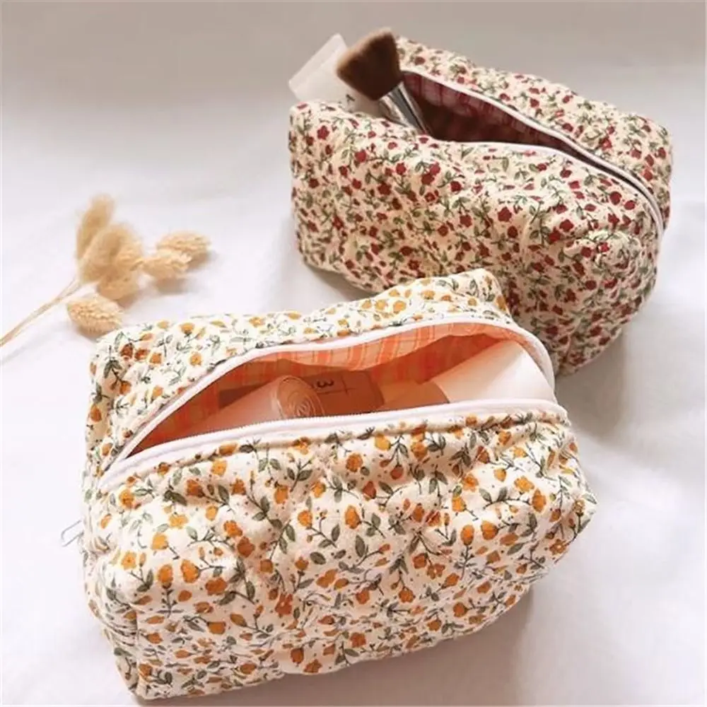 Floral Puffy Quilted Makeup Bag Large Travel Cosmetic Pouch Zipper