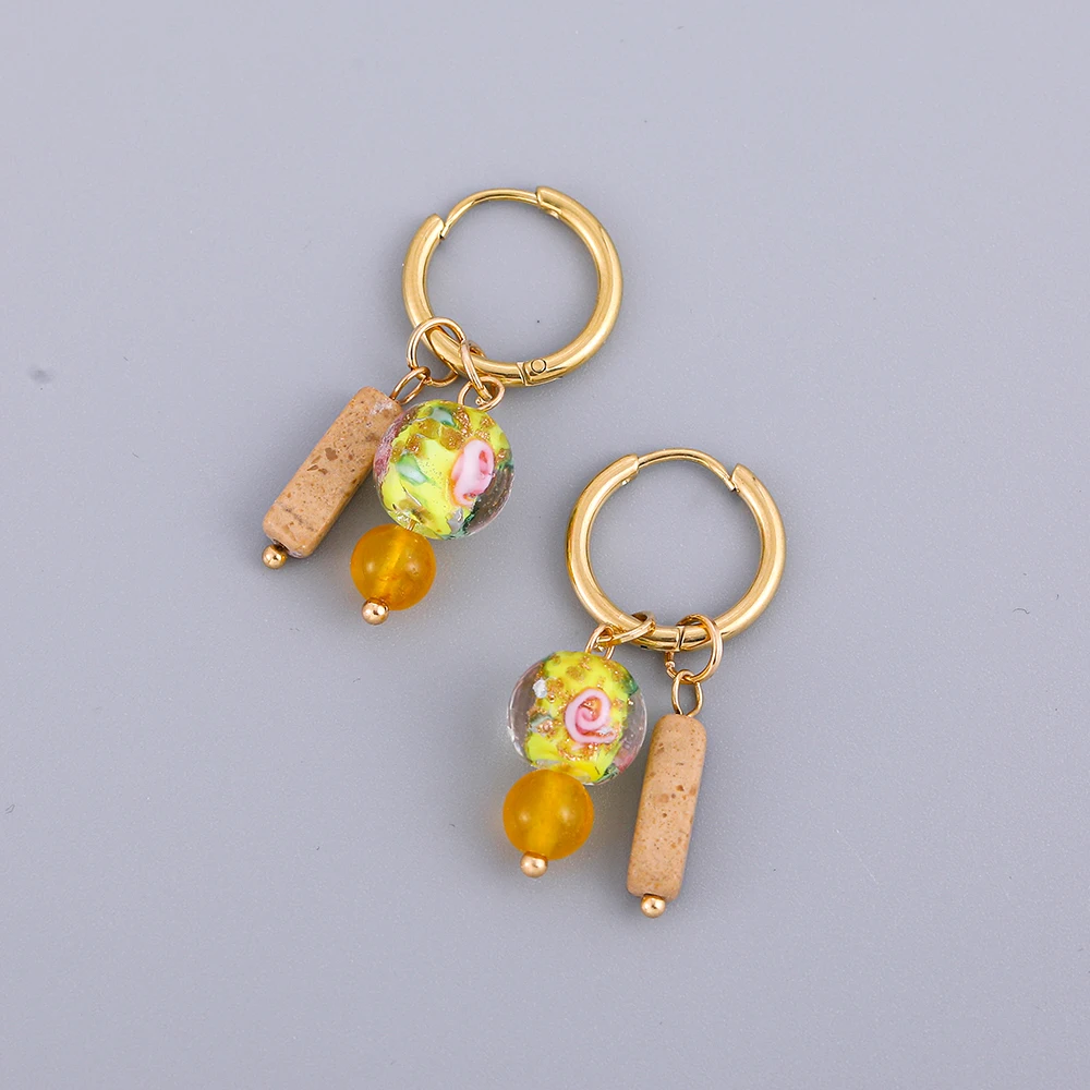 Boho Flower Glass Ball Natural Stone Pendant Earring for Women Gold Color Stainless Steel Round Huggie Ear Rings Fashion Jewelry