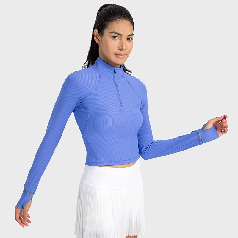 

High-stretch Reflective Sports Jacket Women Ribbed Half Zip Pullover Long Sleeve Yoga Crop Top Slim Fit Running Shirts