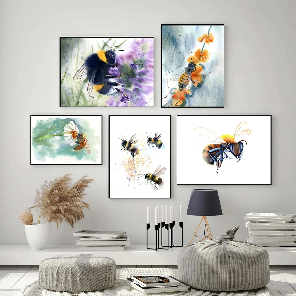 Honey Bumble Bees Canvas Painting Poster Insect Wildlife Garden Modern Floral Impressionist Wall Art Pictures Decorazione Della Casa