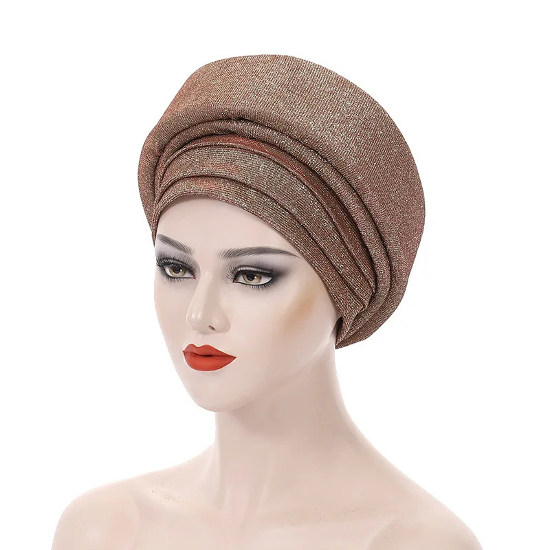 Fashion Women Glitter Pleated Turban Cap for Women Auto Gele Headtie Female Head Wraps African Nigeria Wedding Party Headpiece