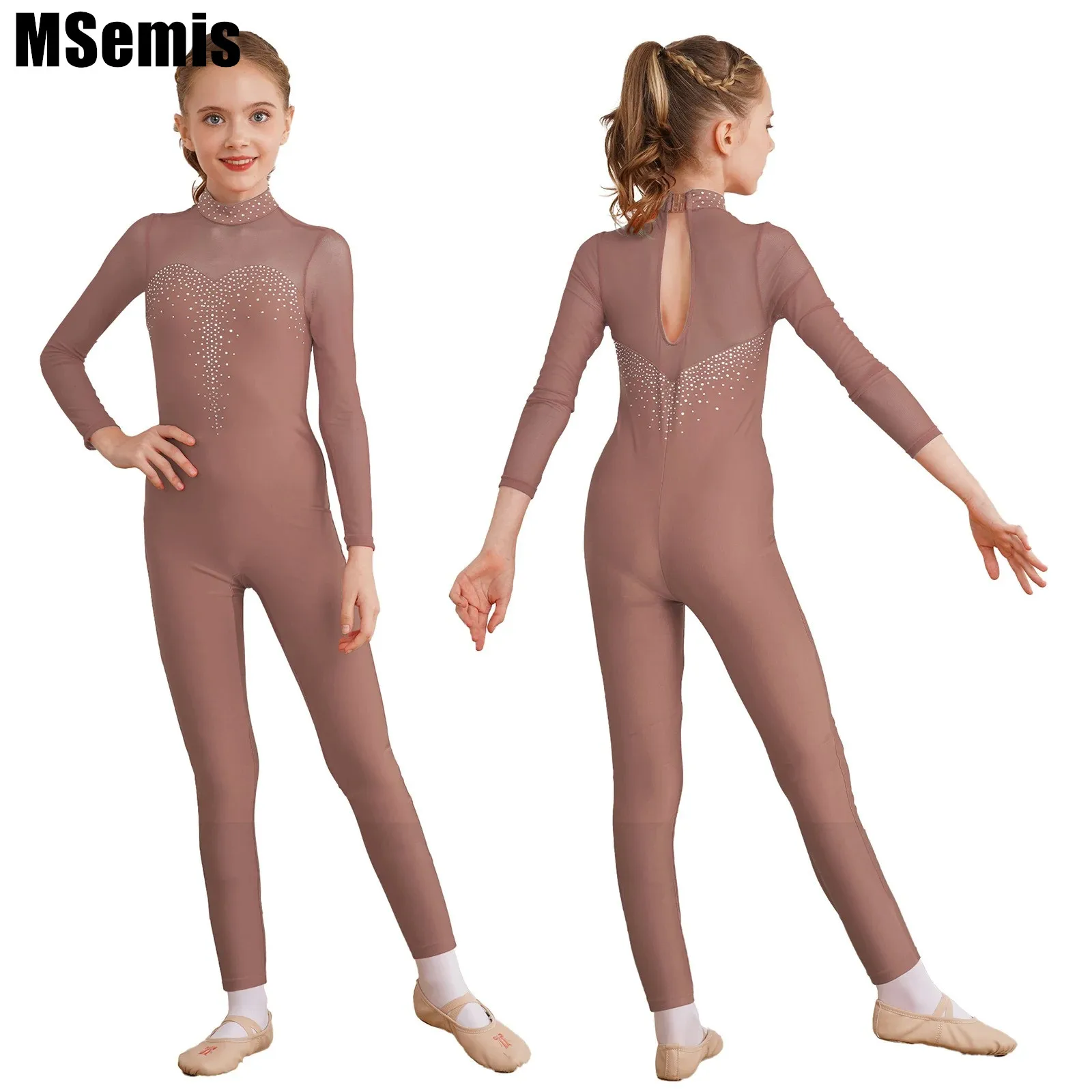 

Kids Girls Figure Sheer Mesh Dance Leotard Skating Gymnastics Shiny Rhinestone Jumpsuit Long Sleeve Bodysuit Dance Costume