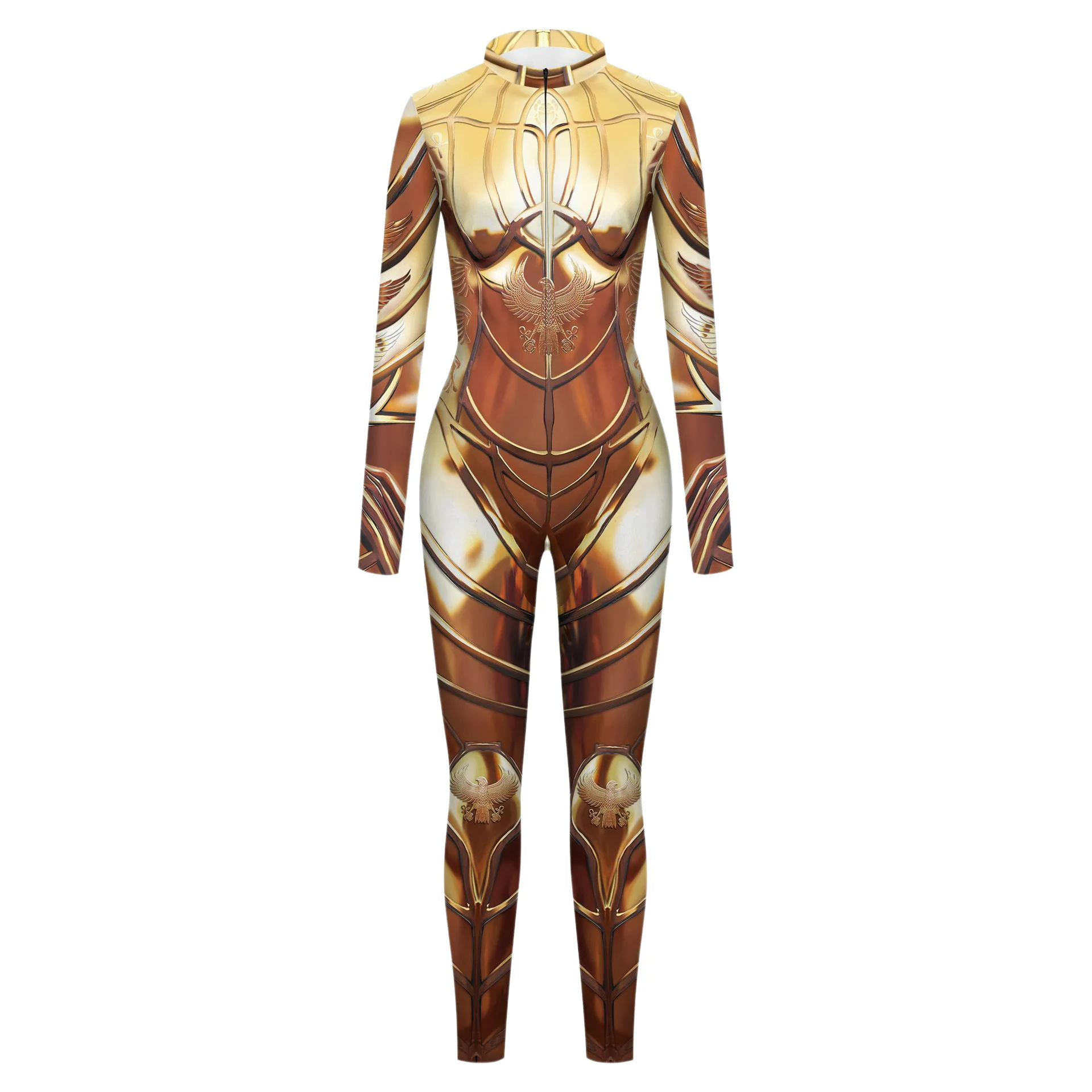 Zawaland New Woman Jumpsuit Punk Cosplay Costume Gold Egyptian Pharaoh Sexy Front Zipper Zentai Bodysuits Halloween Party Outfit