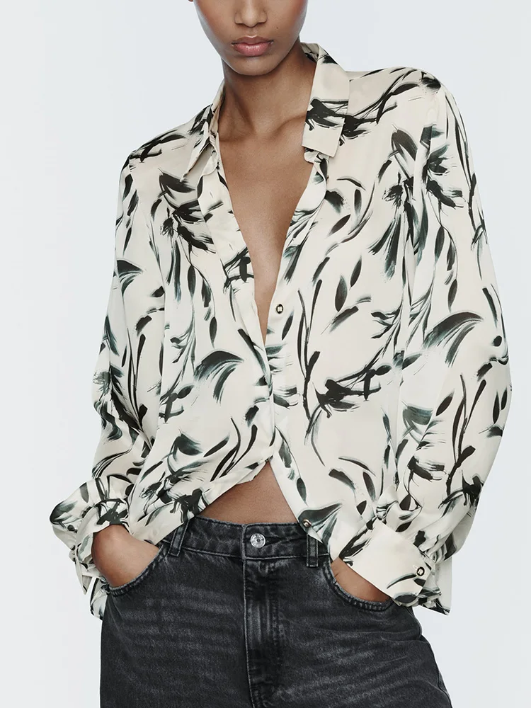 

Shirts For Women 2023 Fashion Vintage Print Shirt Button Up Lapel Collar Office Lady Elegant Shirt Long Sleeve Top Woman Clothes