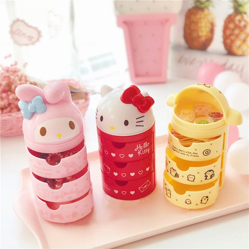 

Kawaii Hello Kitty My Melody ящик для хранения, трехуровневый органайзер для ювелирных изделий, Настольная коробка для хранения для девочек