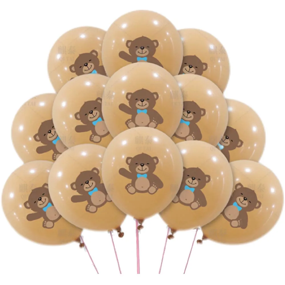 Whimsical Teddy Bear Party Balloons - 12 Blue, Brown & Gold Latex Decor for Birthday or Baby Shower