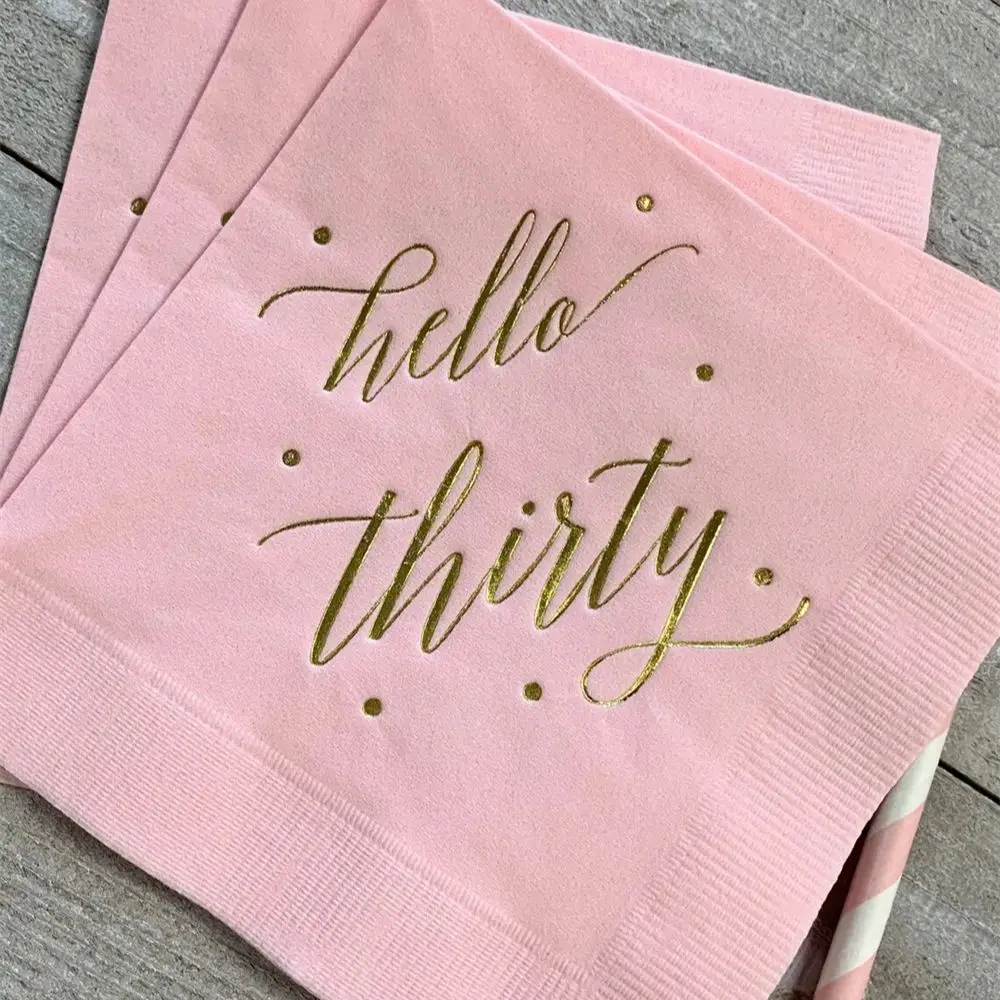 

50PCS Hello Thirty Classic Pink w/Gold Foil Cocktail Beverage Napkins 3 Ply Happy Birthday 30th Hello 30 Thirtieth Gold Foil