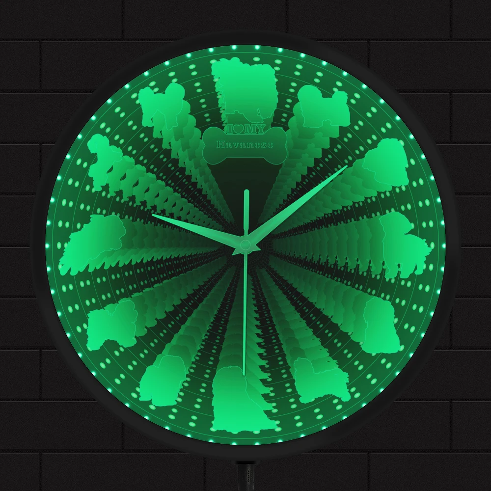 

Светящиеся Настенные часы Havanese Dog в современном дизайне, домашний декор Bichon Havanais, зеркальные часы без ограничений, светятся в темноте