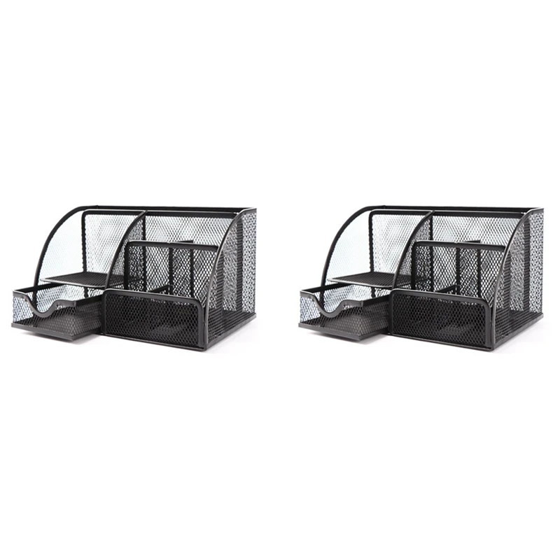 

Mesh Desk Organizer Pen Holder, Accessories Storage Caddy With 6 Compartments, And Drawer Office Supplies Gift (2 PCS)