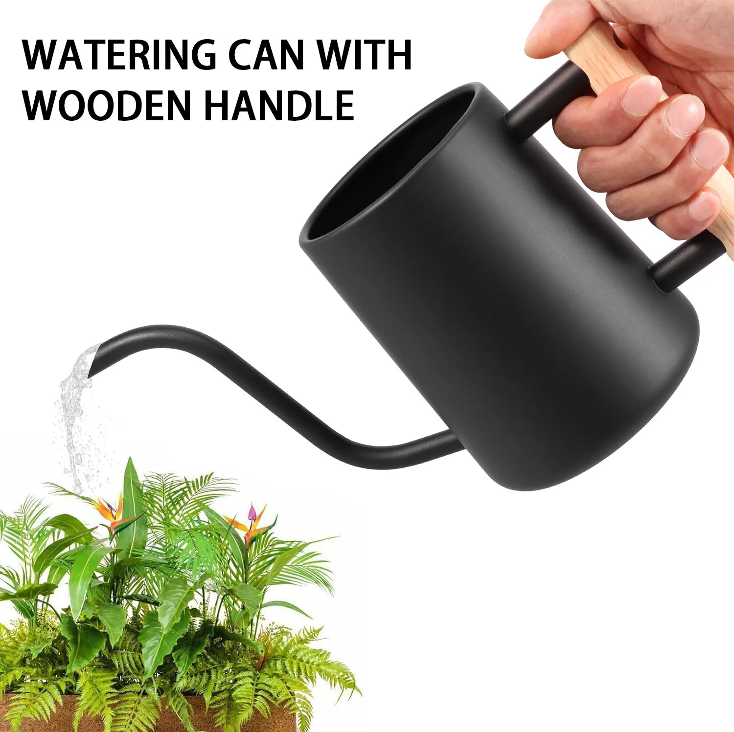 

1L Wooden Handle Watering Can For Watering Garden Indoor Plants Potted Watering Can Stainless Steel Long Nozzle Watering Can