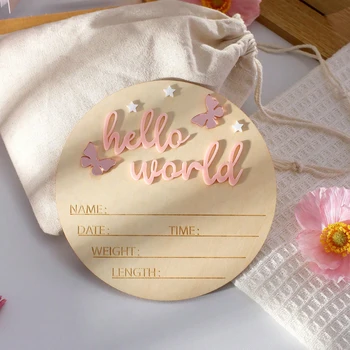Ylsteed Hello World Cartello per neonato Cartello per annuncio in legno per bambini Farfalle Stelle Ricordi per neonati Puntelli Idee per servizi fotografici per bambini 1