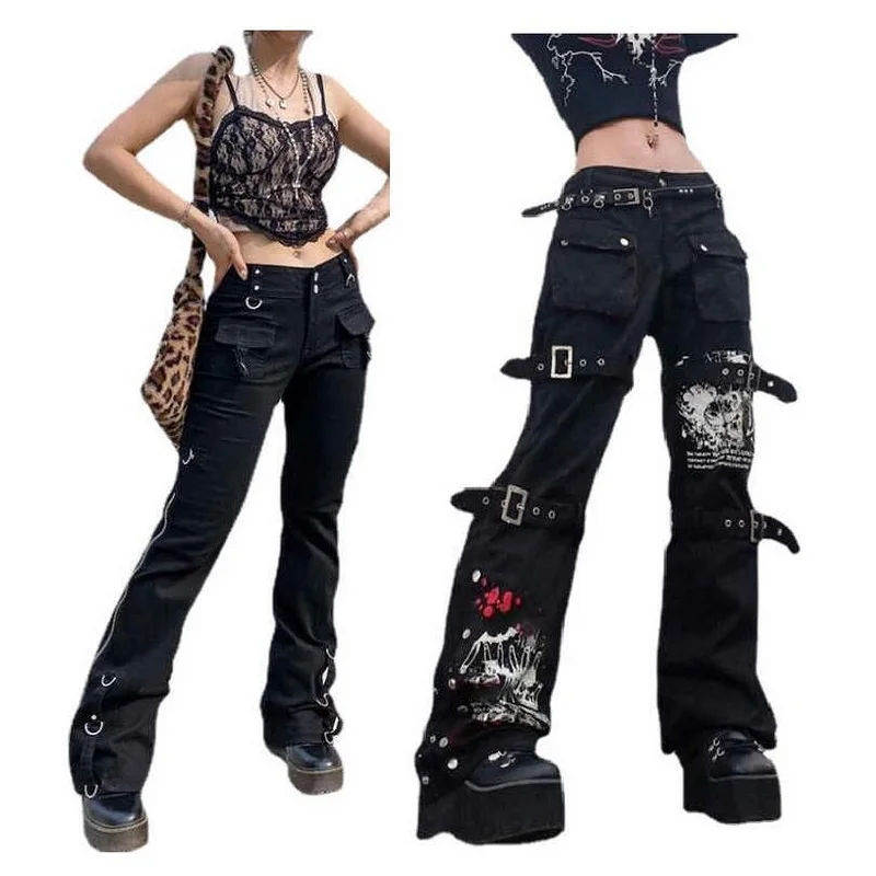 Low waisted zipper Y2k Jeans Gothic Women Printed Metal Buckle Patchwork Trousers Streetwear Wide Leg Pants
