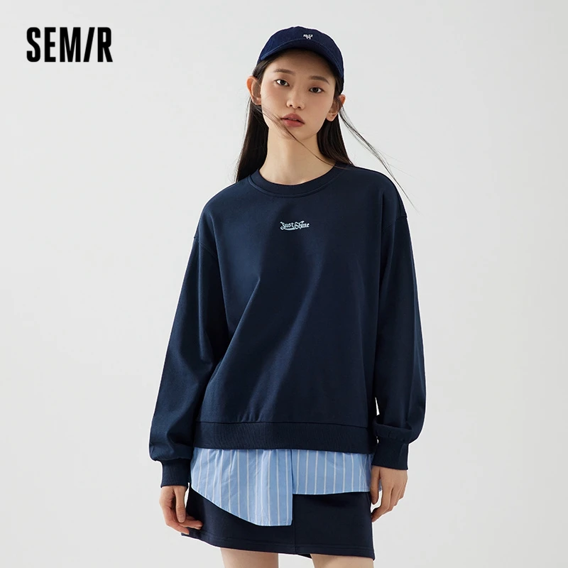 Semir 2023 Women Sweater Autumn New Irregular Splicing  Fake Two-piece Loose Pullover  Letter Print Sweater for Women