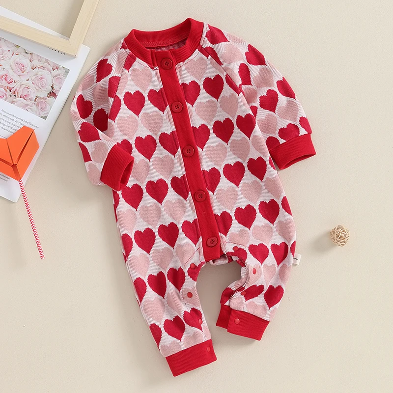 

Newborn Baby Girl Valentines Day Outfit Knit Heart Jumpsuit Long Sleeve Button Romper Bodysuit Infant Clothes