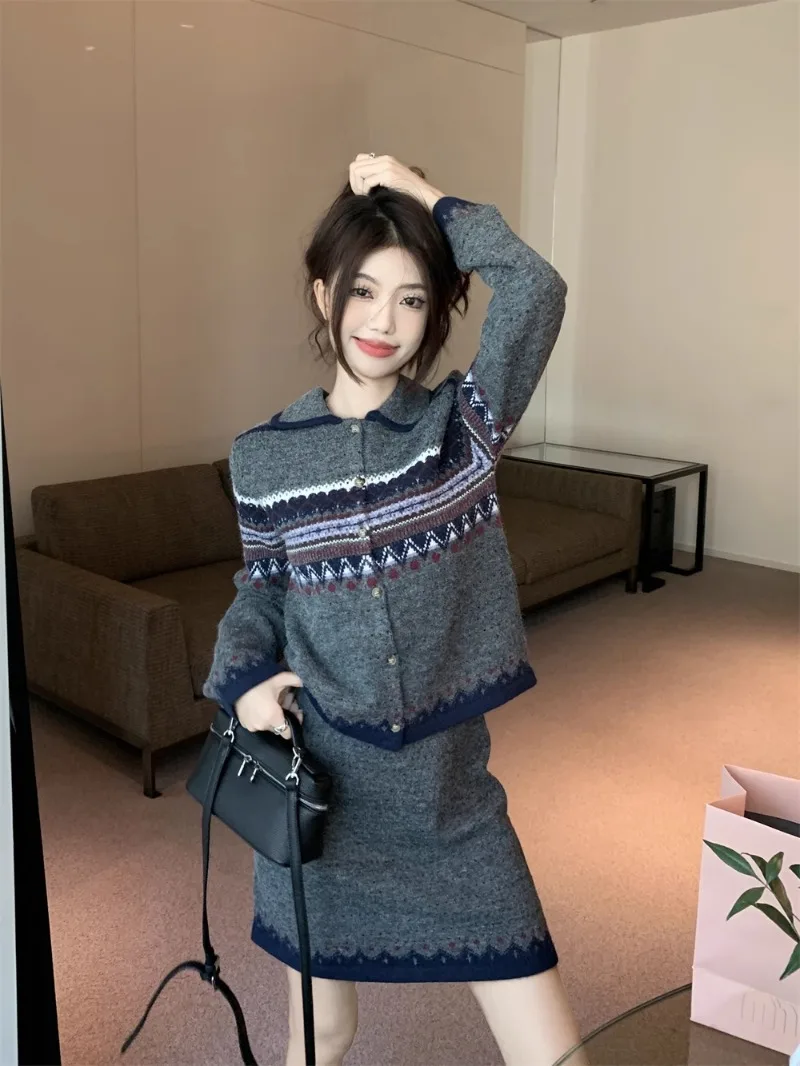 용수철 자카드 니트 가디건, 하이웨이스트 미니 스커트, 2 피스 세트, 세트 여성 패션 의류, 스위트 핫 걸 레트로