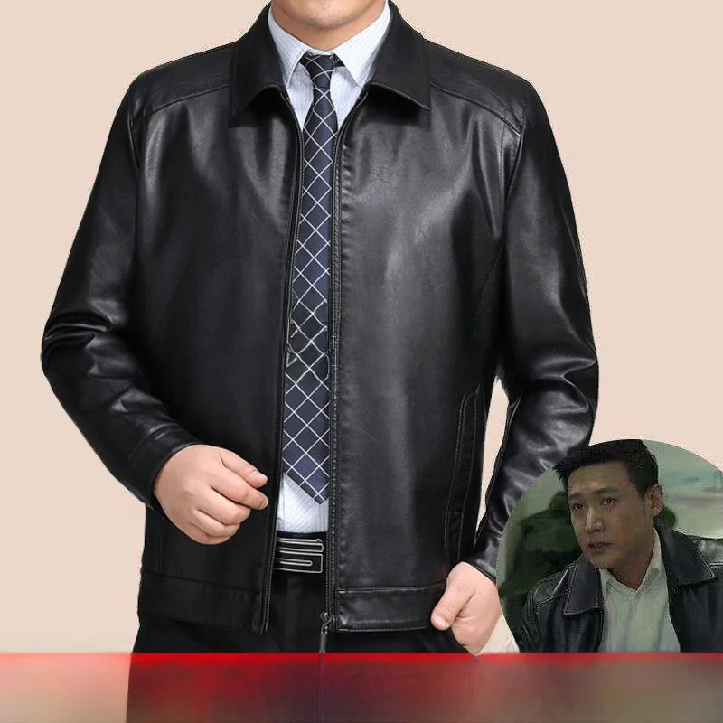Haining True Good Leather Jacket Men's Mid-Aged Loose Thickened Autumn Winter Dad Men's Clothing Thin Leather Coat - 5