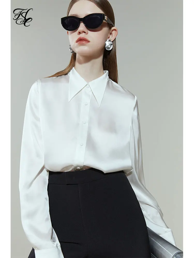 FSLE White Acetate Satin Shirt for Women High-end Point-collar Shirt Spring Trendy Commuter Office Lady Top Shirt for Female