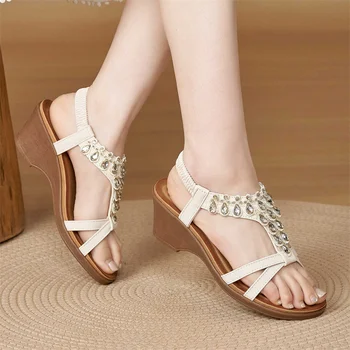 Womens Bohemian Rhinestone Wedge Sandals Elastic Ankle Strap Comfortable Open Toe Light Wedge Heel Summer Shoes For Casual Daily 1
